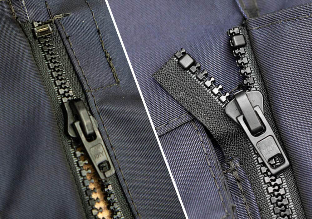 Installed fabric zipper stop.